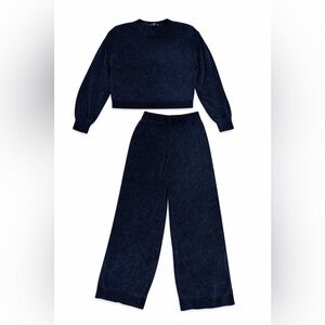 Lulus Navy Velvet Two Piece Set Cropped Sweater & Wide Leg Pants Women’s Small